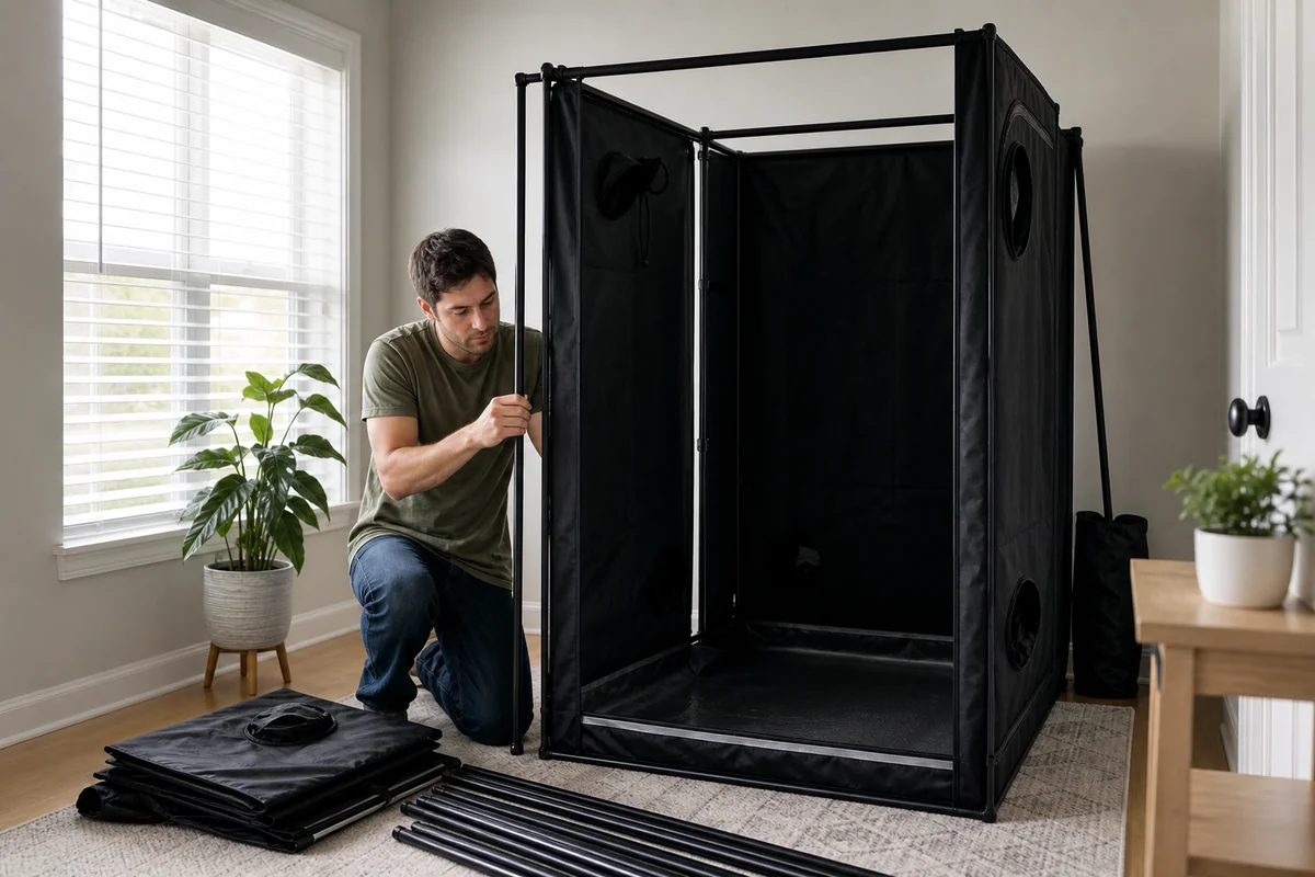 Zazzy Grow Tent assembled with plants, grow light, and ventilation inside a home grow room